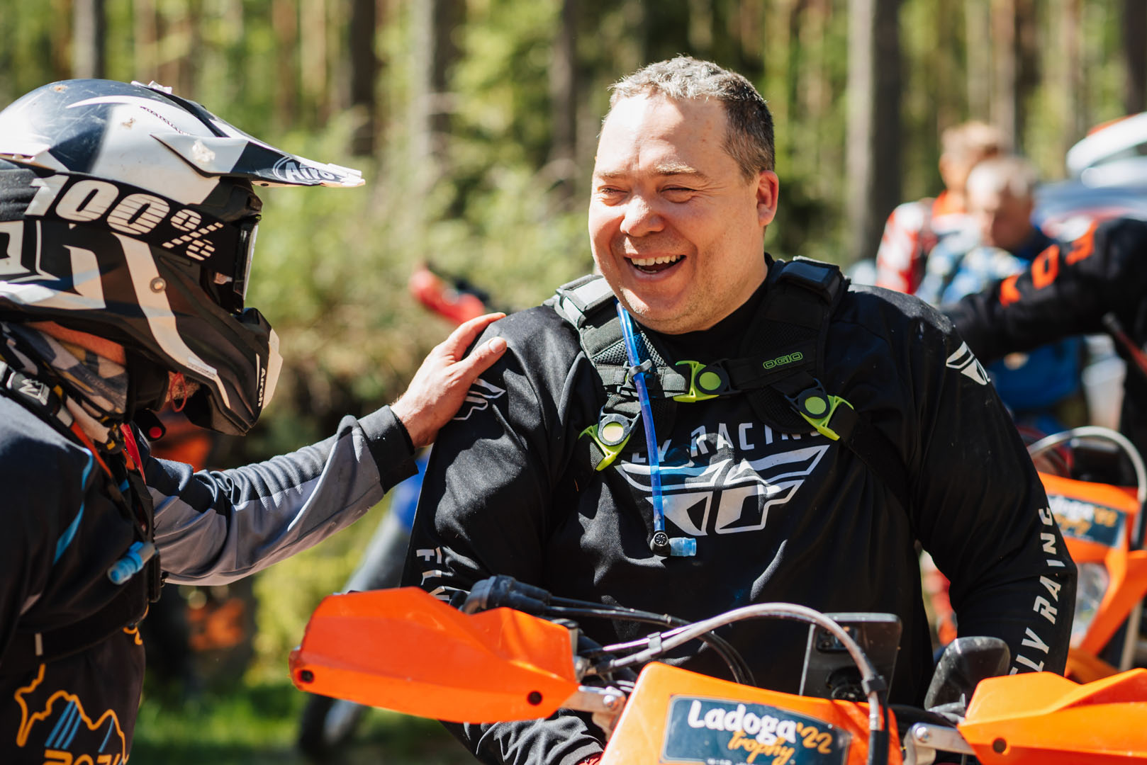 REPUBLIC OF KARELIA, RUSSIA CIRCA JUNE, 2022: Off road tournament Ladoga Trophy 2022 in Karelia. Motorcycle racers in a helmet at sports motorcycles